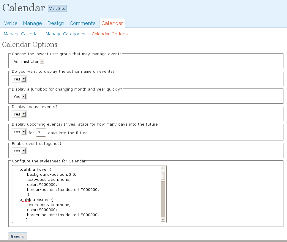 A sample Screenshot of our Calendar APP option panel